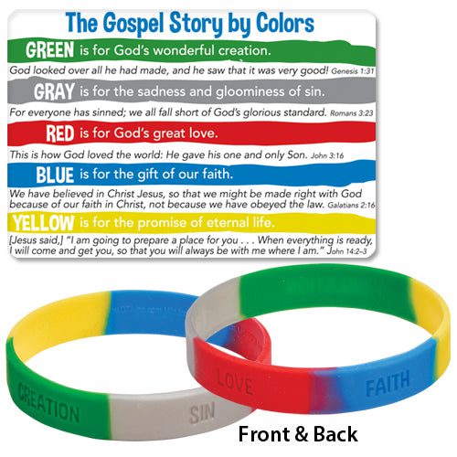 Gospel Story by Colors silicone bracelet, front and back, shown with card